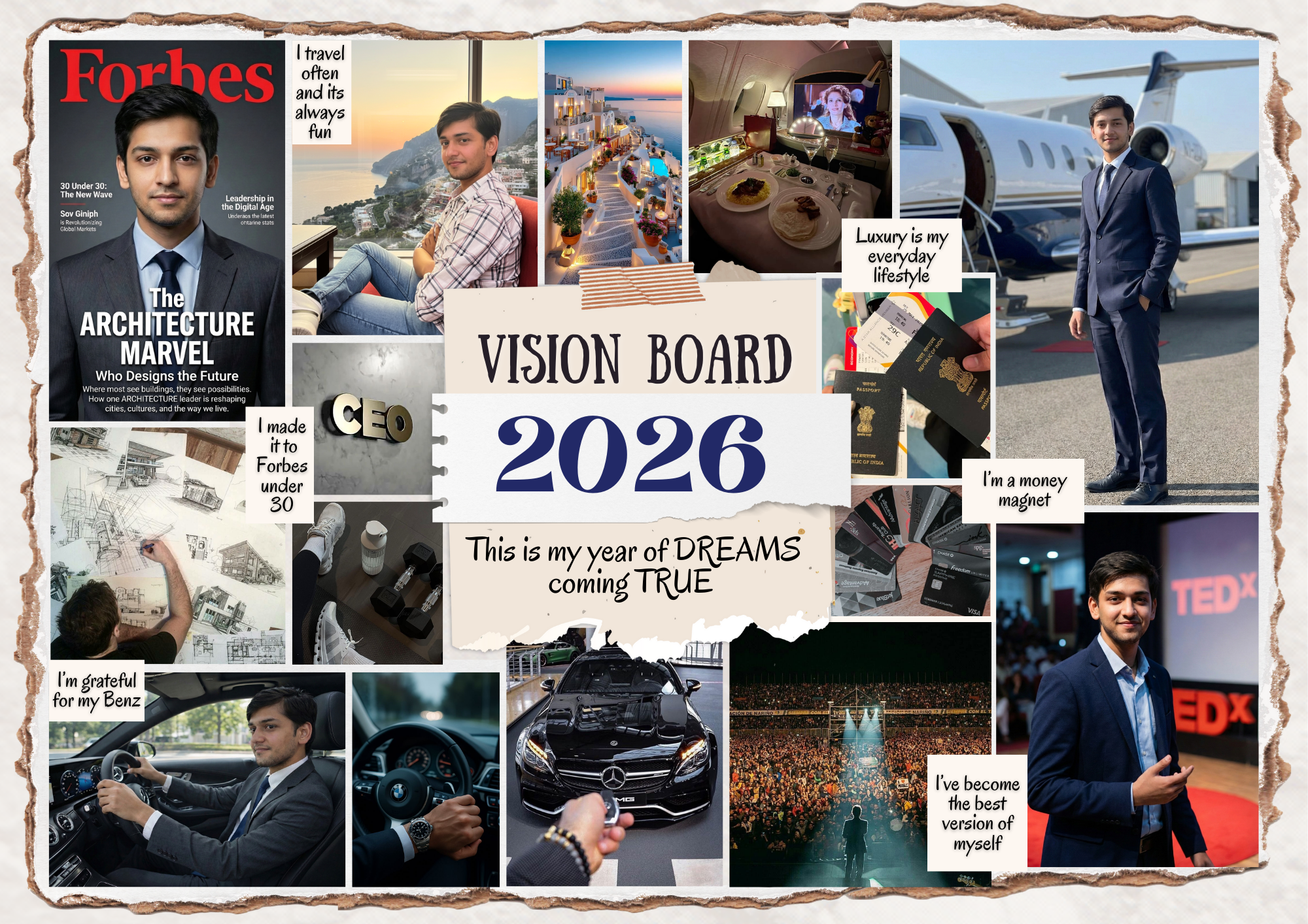 Custom A3 vision board frame titled “Him Vision Board” featuring collage of goals, affirmations, and lifestyle aspirations for men.