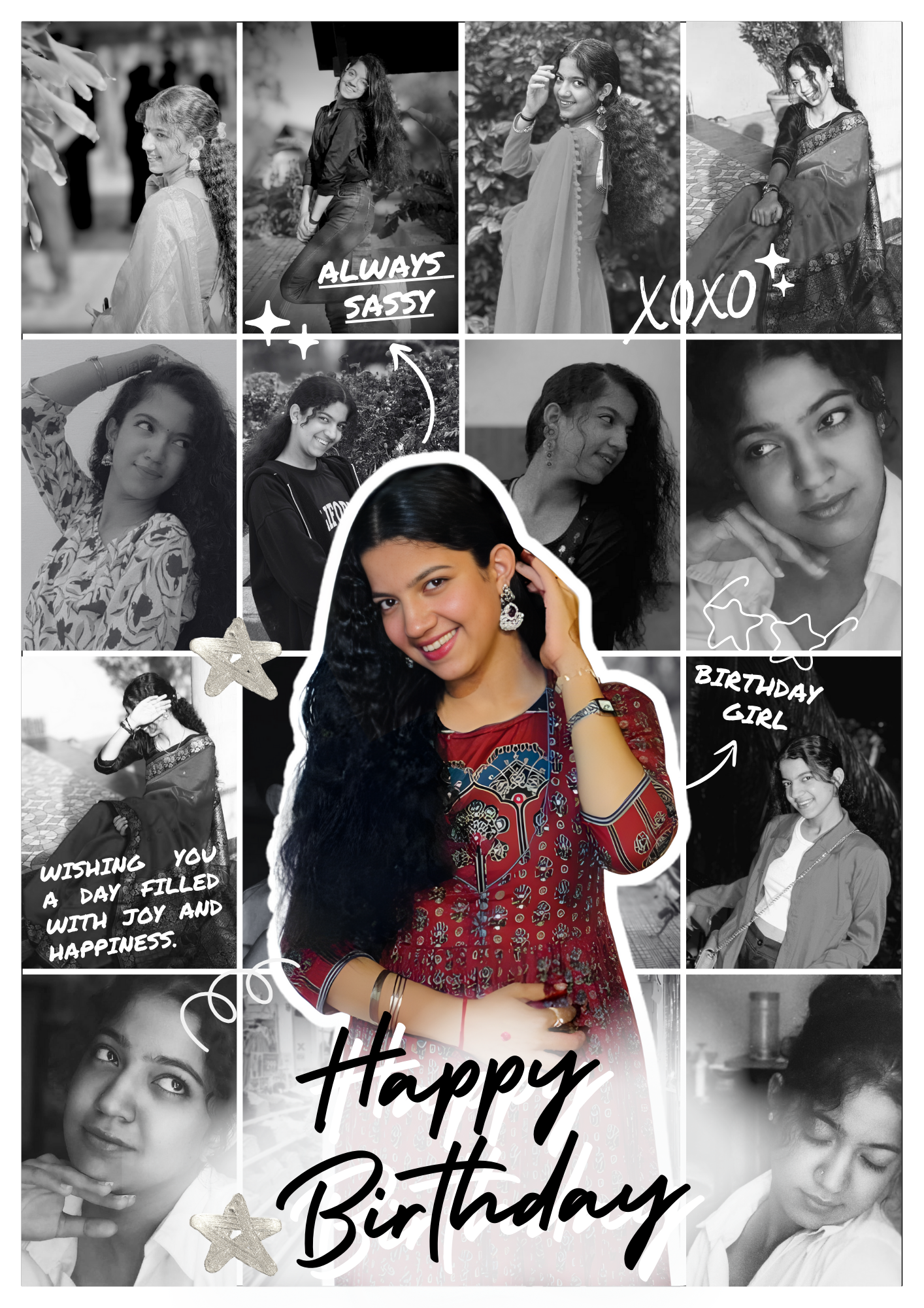 Custom A4 birthday photo frame titled “Bday Monochrome BG” featuring black-and-white collage with central color portrait and celebratory design.