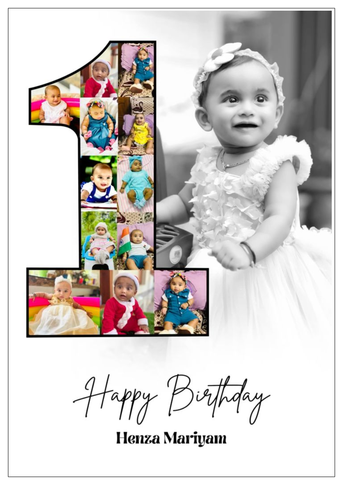 Custom A4 birthday photo frame titled “1st BDay 03” featuring collage of baby Henza Mariyam’s joyful moments and milestone celebration.