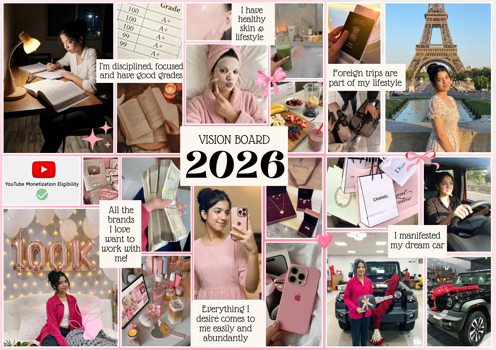 Custom A3 vision board frame titled “Her Vision Board” featuring collage of goals, affirmations, and lifestyle aspirations for girls.